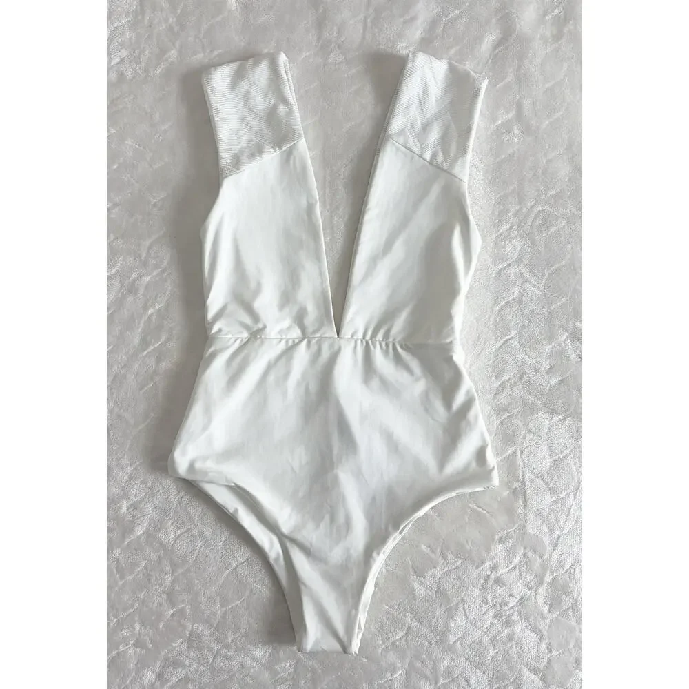 NWT Tavik Free People Size S Eden One-Piece Swimsuit White Textured Chevron